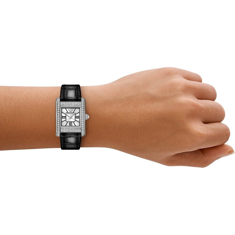 Emporio Armani Classic Crystals Silver Dial Black Leather Strap Watch for Women - AR11660