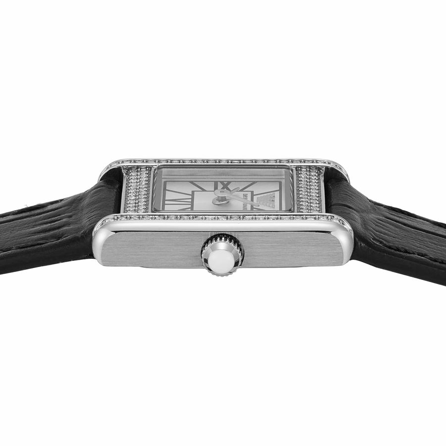 Emporio Armani Classic Crystals Silver Dial Black Leather Strap Watch for Women - AR11660