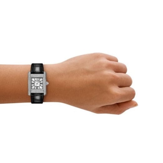 Emporio Armani Classic Crystals Silver Dial Black Leather Strap Watch for Women - AR11660