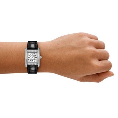 Emporio Armani Classic Crystals Silver Dial Black Leather Strap Watch for Women - AR11660