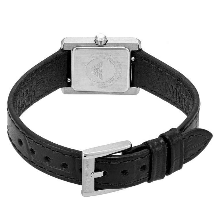 Emporio Armani Classic Crystals Silver Dial Black Leather Strap Watch for Women - AR11660