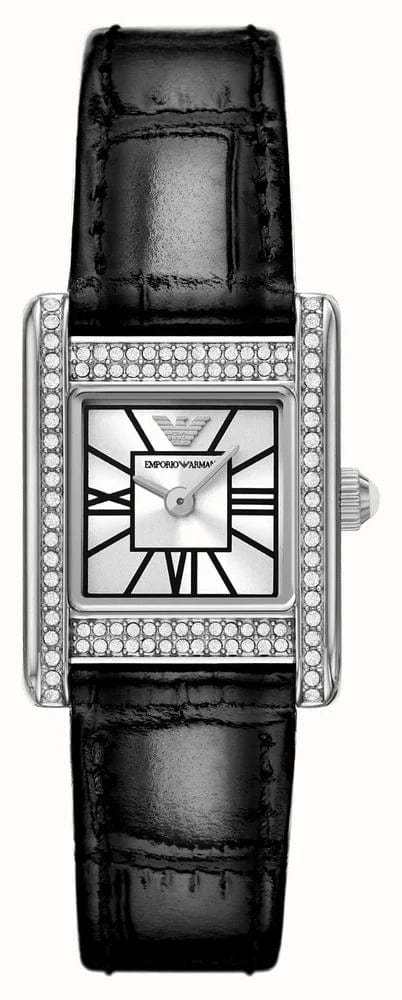 Emporio Armani Classic Crystals Silver Dial Black Leather Strap Watch for Women - AR11660