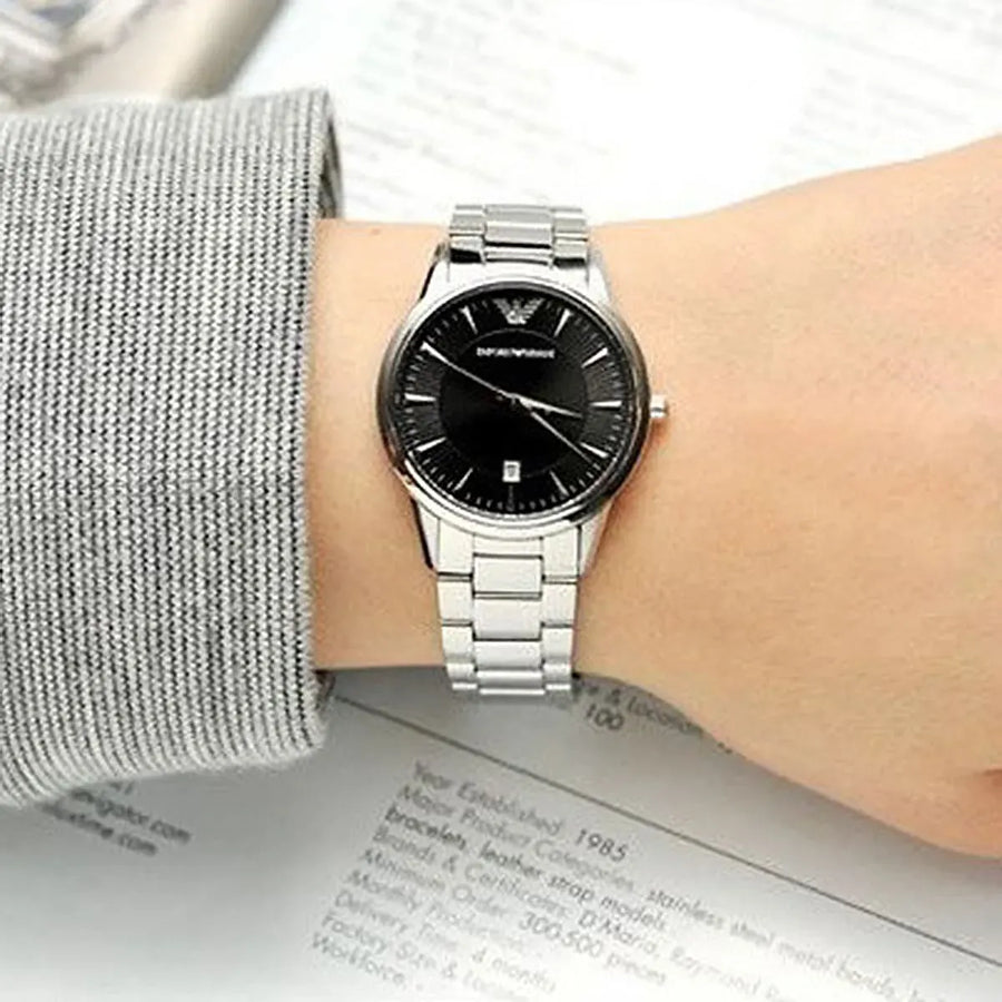 Emporio Armani Classic Quartz Black Dial Silver Steel Strap Watch For Women - AR2441