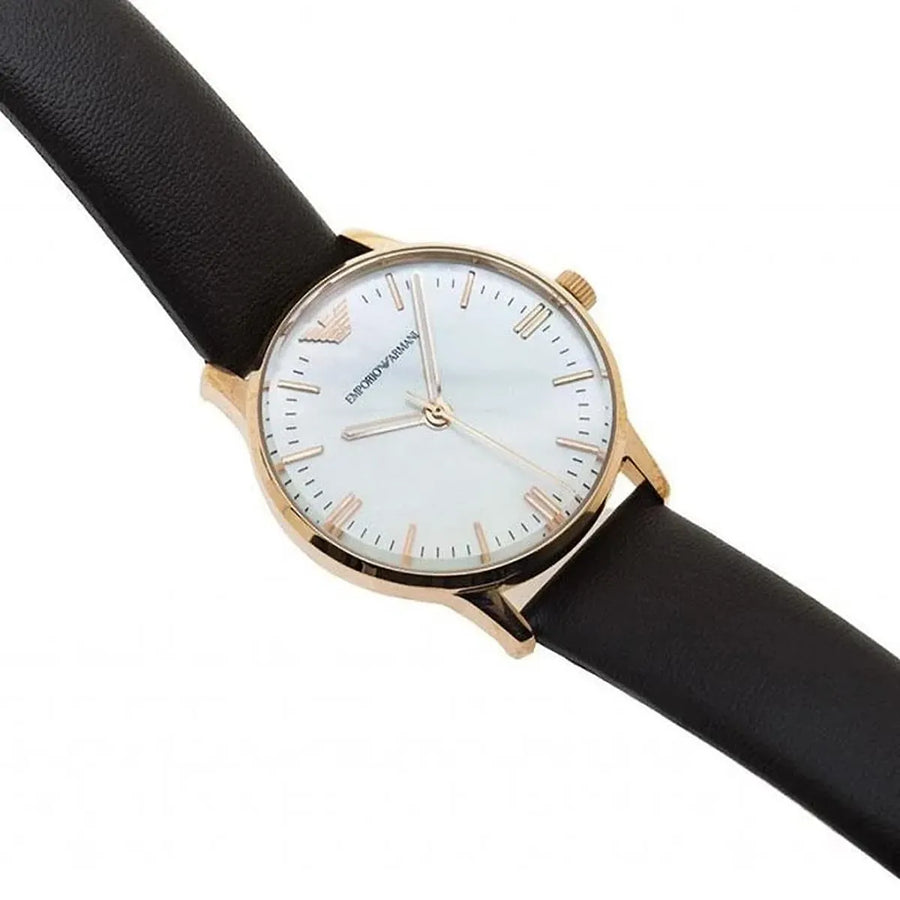 Emporio Armani Classic Quartz Mother of Pearl Dial Brown Leather Strap Watch For Women - AR1601