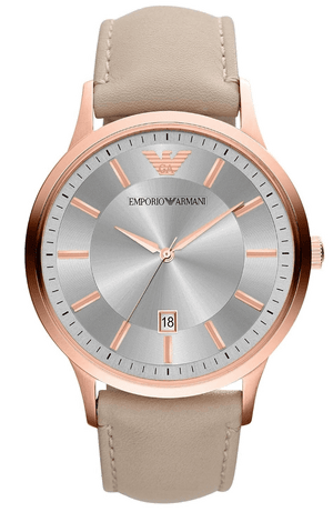 Emporio Armani Classic Quartz Silver Dial Beige Leather Strap Watch For Men - AR2464