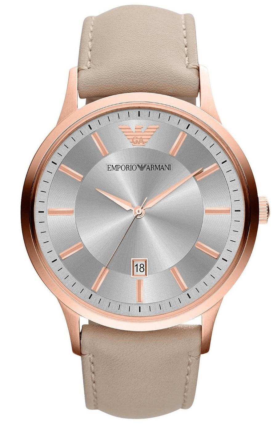 Emporio Armani Classic Quartz Silver Dial Beige Leather Strap Watch For Men - AR2464