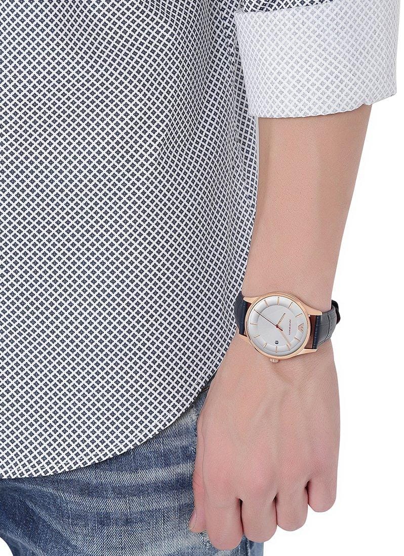 Emporio Armani Classic Silver Dial Blue Leather Strap Watch For Men - AR11131