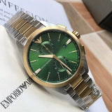 Emporio Armani Claudio Chronograph Green Dial Two Tone Steel Strap Watch For Women - AR11511