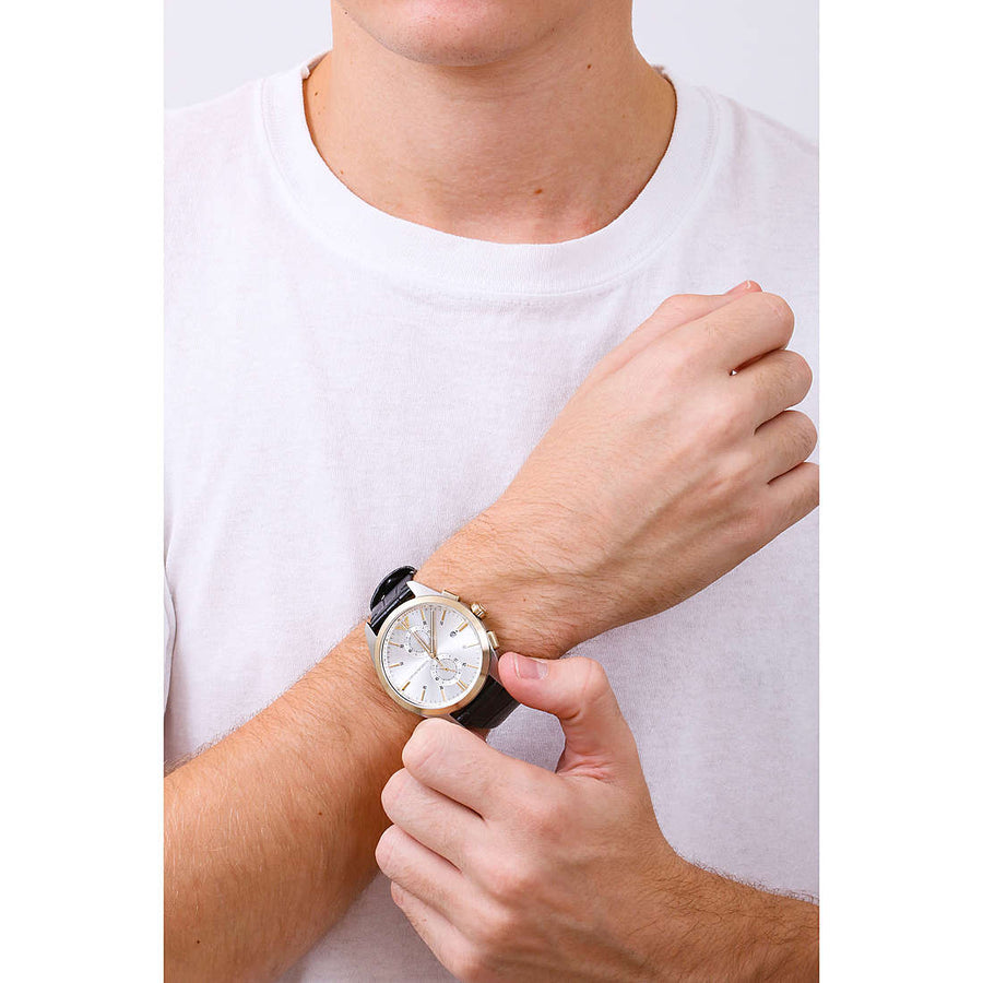 Emporio Armani Claudio Chronograph Silver Dial Black Leather Strap Watch For Men - AR11498