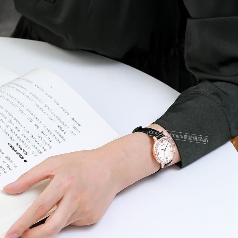 Emporio Armani Cleo Three-Hand Mother of Pearl Dial Black Leather Strap Watch For Women - AR11485
