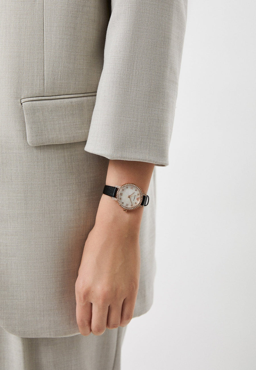 Emporio Armani Cleo Three-Hand Mother of Pearl Dial Black Leather Strap Watch For Women - AR11485