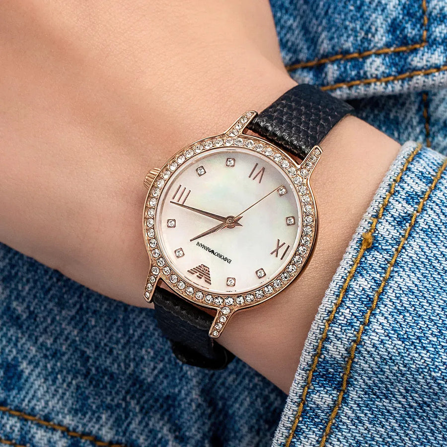 Emporio Armani Cleo Three-Hand Mother of Pearl Dial Black Leather Strap Watch For Women - AR11485