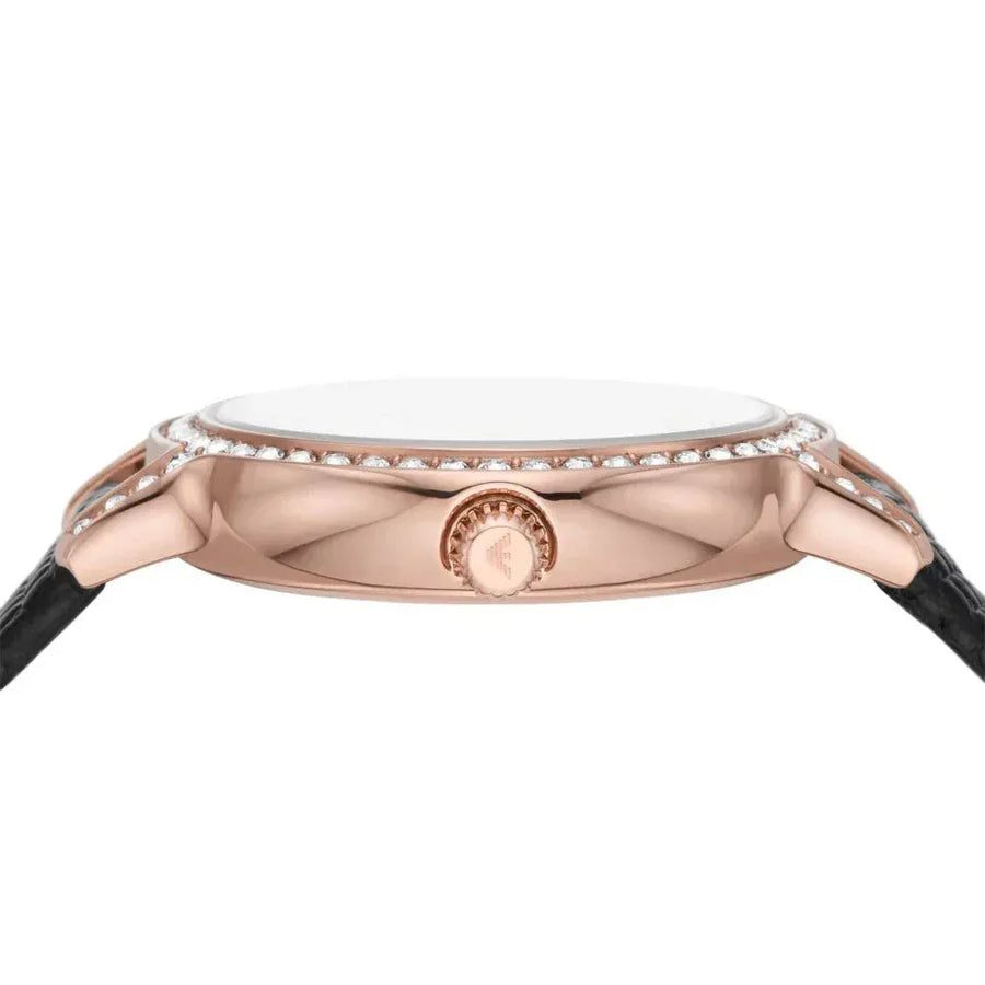 Emporio Armani Cleo Three-Hand Mother of Pearl Dial Black Leather Strap Watch For Women - AR11485