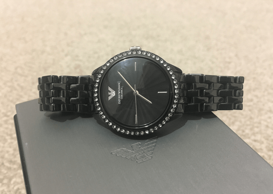 Emporio Armani Crystal Ceramica Black Dial Black Steel Strap Watch For Women - AR1478