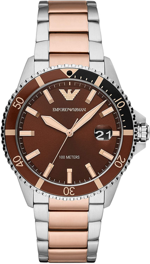 Emporio Armani Diver Quartz Brown Dial Two Tone Steel Strap Watch For Men - AR11340