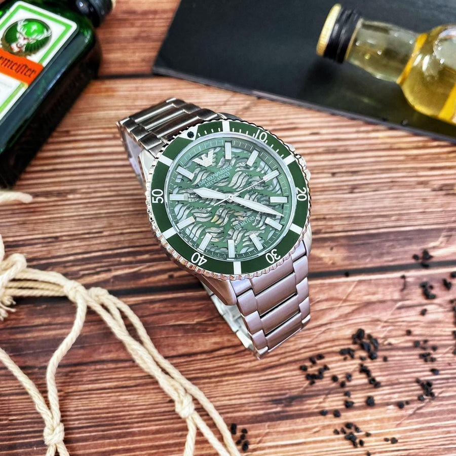 Emporio Armani Diver Automatic Green Dial Silver Steel Strap Watch For Men - AR60061