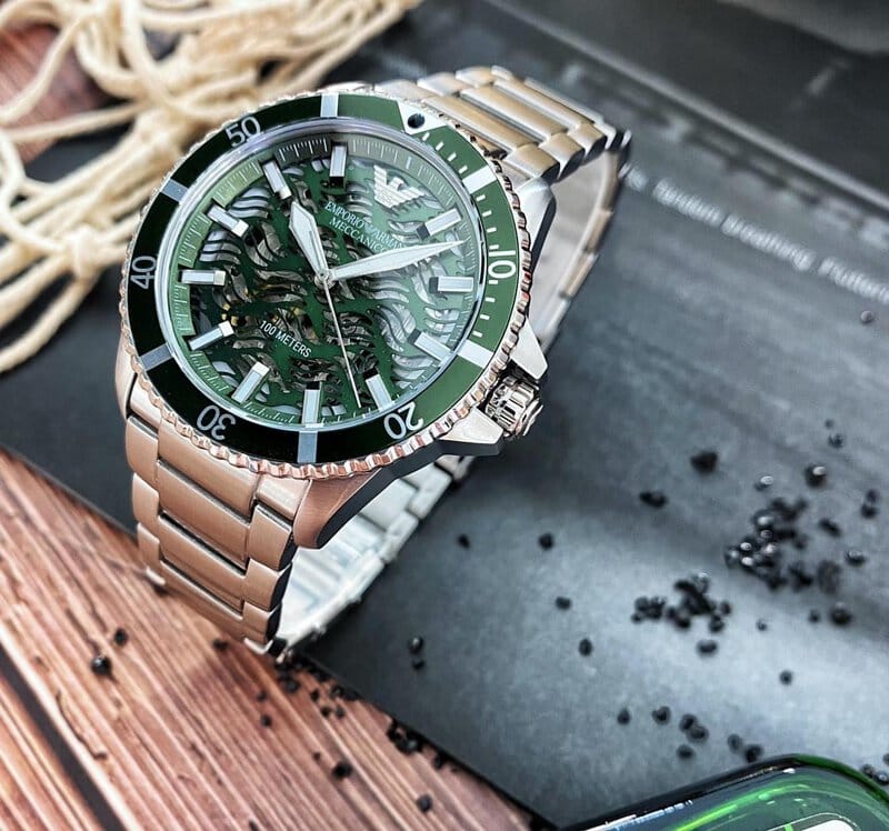 Emporio Armani Diver Automatic Green Dial Silver Steel Strap Watch For Men - AR60061
