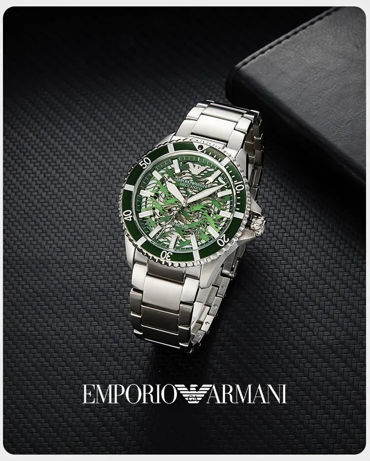 Emporio Armani Diver Automatic Green Dial Silver Steel Strap Watch For Men - AR60061