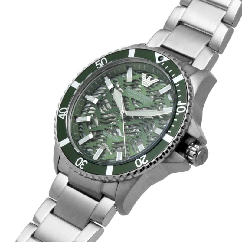 Emporio Armani Diver Automatic Green Dial Silver Steel Strap Watch For Men - AR60061