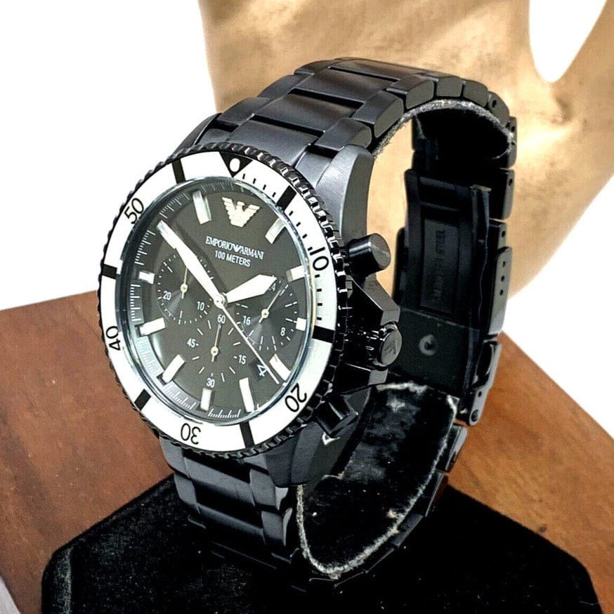 Emporio Armani Diver Chronograph Black Dial Black Steel Strap Watch For Men - AR80050