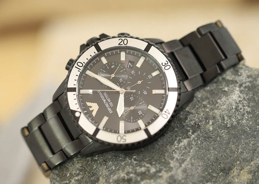 Emporio Armani Diver Chronograph Black Dial Black Steel Strap Watch For Men - AR80050