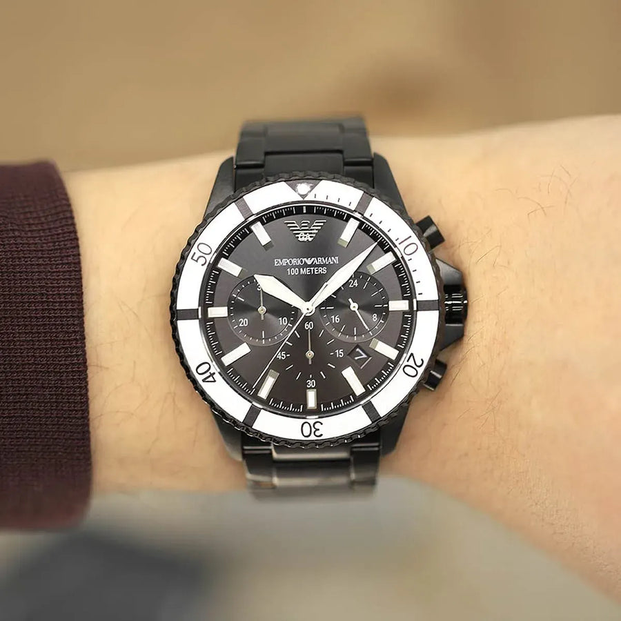 Emporio Armani Diver Chronograph Black Dial Black Steel Strap Watch For Men - AR80050