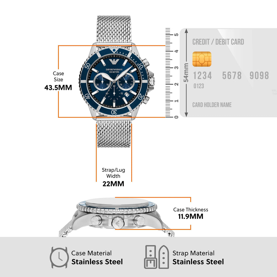 Emporio Armani Diver Chronograph Blue Dial Silver Mesh Strap Watch for Men - AR11587