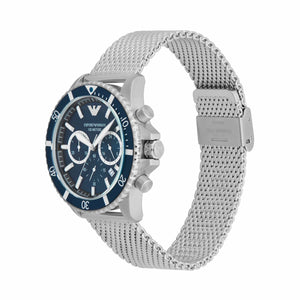 Emporio Armani Diver Chronograph Blue Dial Silver Mesh Strap Watch for Men - AR11587