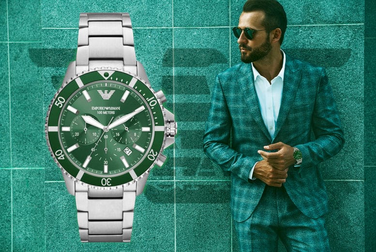 Emporio Armani Diver Chronograph Green Dial Silver Steel Strap Watch For Men - AR11500