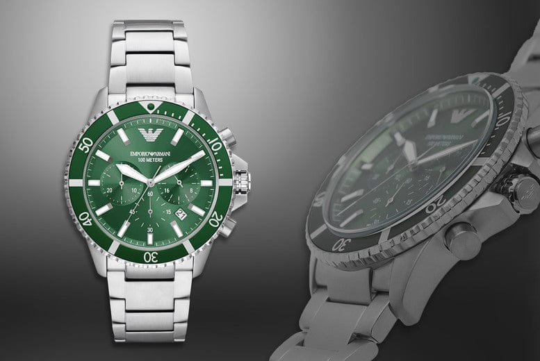 Emporio Armani Diver Chronograph Green Dial Silver Steel Strap Watch For Men - AR11500