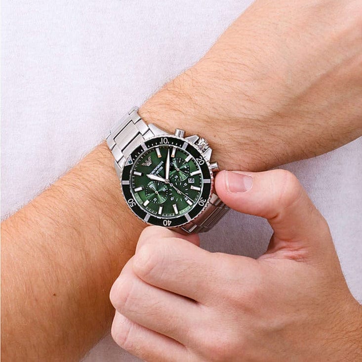 Emporio Armani Diver Chronograph Green Dial Silver Steel Strap Watch For Men - AR11500