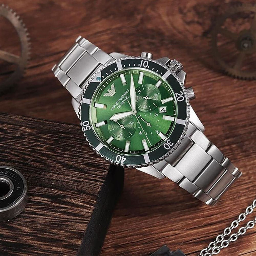 Emporio Armani Diver Chronograph Green Dial Silver Steel Strap Watch For Men - AR11500