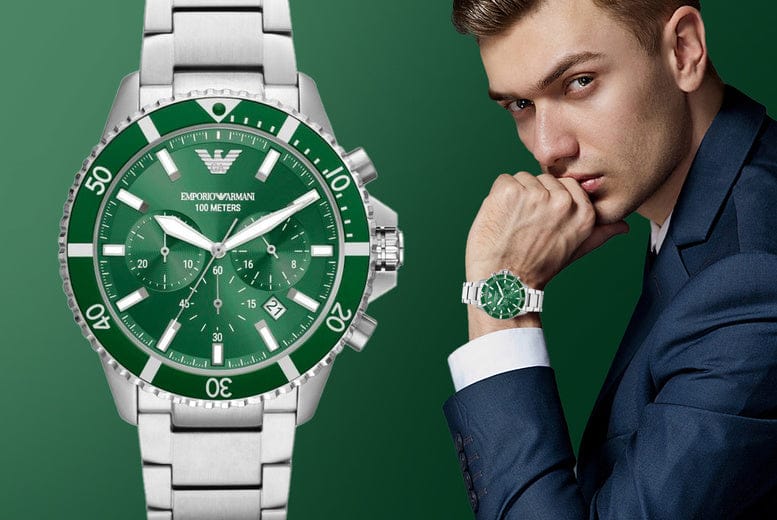 Emporio Armani Diver Chronograph Green Dial Silver Steel Strap Watch For Men - AR11500