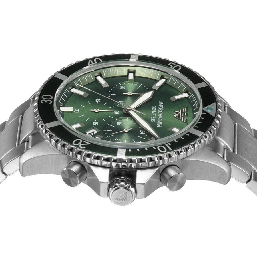 Emporio Armani Diver Chronograph Green Dial Silver Steel Strap Watch For Men - AR11500