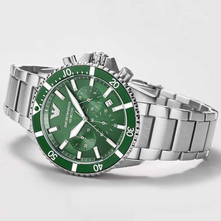 Emporio Armani Diver Chronograph Green Dial Silver Steel Strap Watch For Men - AR11500