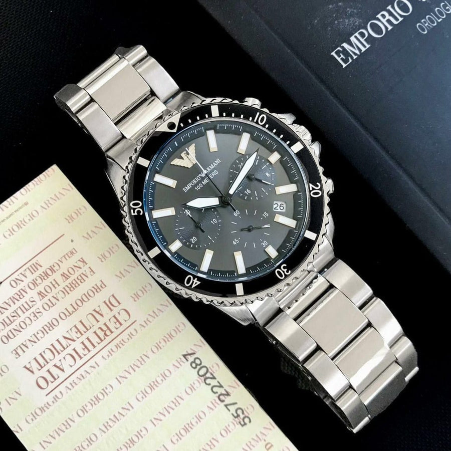 Emporio Armani Diver Chronograph Quartz Black Dial Silver Steel Strap Watch For Men - AR11360