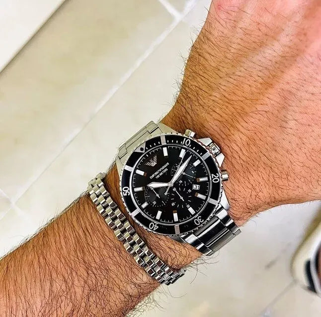 Emporio Armani Diver Chronograph Quartz Black Dial Silver Steel Strap Watch For Men - AR11360
