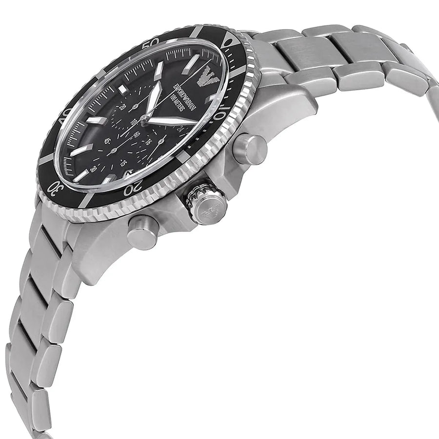 Emporio Armani Diver Chronograph Quartz Black Dial Silver Steel Strap Watch For Men - AR11360