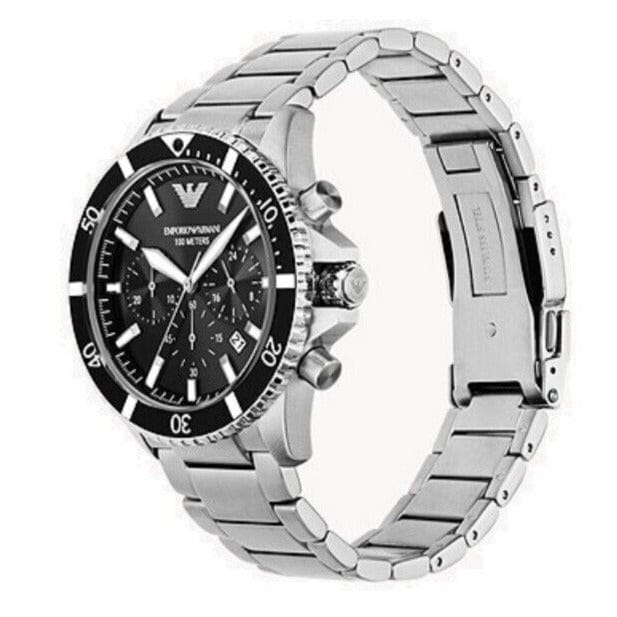 Emporio Armani Diver Chronograph Quartz Black Dial Silver Steel Strap Watch For Men - AR11360
