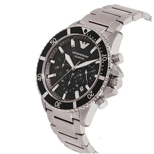 Emporio Armani Diver Chronograph Quartz Black Dial Silver Steel Strap Watch For Men - AR11360