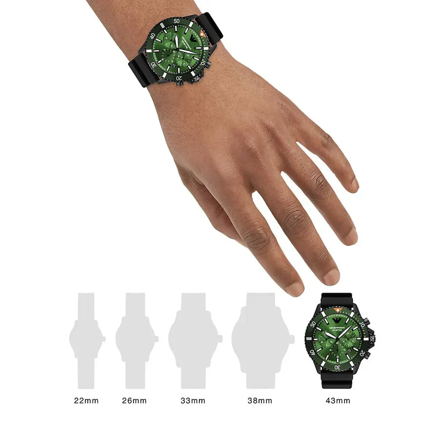 Emporio Armani Diver Chronograph Quartz Green Dial Black Silicon Strap Watch For Men - AR11463