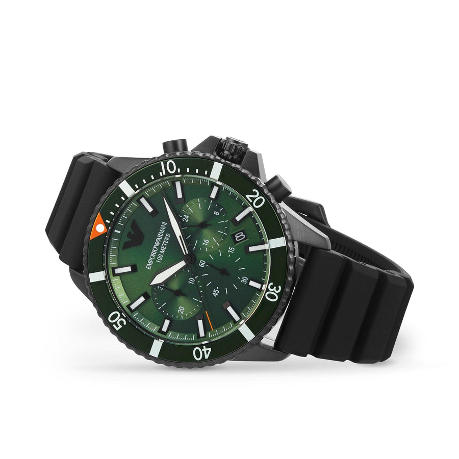 Emporio Armani Diver Chronograph Quartz Green Dial Black Silicon Strap Watch For Men - AR11463