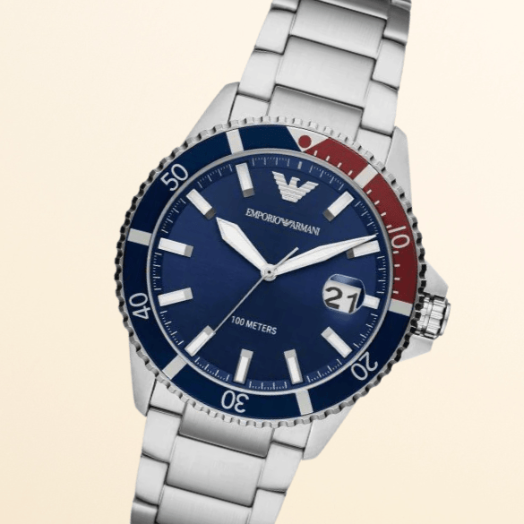 Emporio Armani Diver Quartz Blue Dial Silver Steel Strap Watch For Men - AR11339
