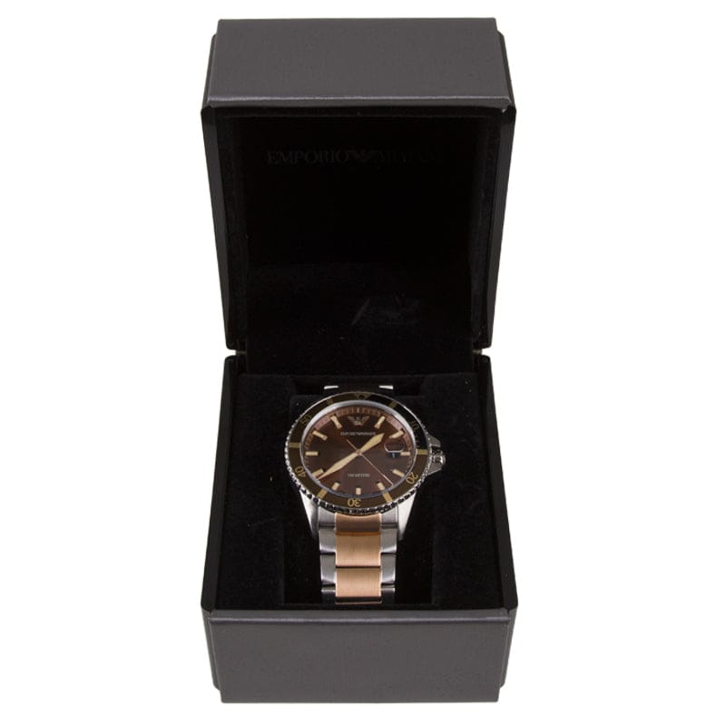 Emporio Armani Diver Quartz Brown Dial Two Tone Steel Strap Watch For Men - AR11340