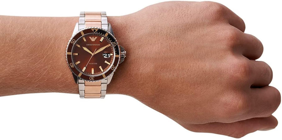 Emporio Armani Diver Quartz Brown Dial Two Tone Steel Strap Watch For Men - AR11340