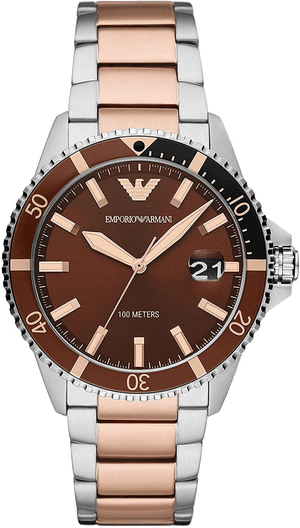 Emporio Armani Diver Quartz Brown Dial Two Tone Steel Strap Watch For Men - AR11340