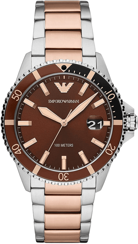 Emporio Armani Diver Quartz Brown Dial Two Tone Steel Strap Watch For Men - AR11340