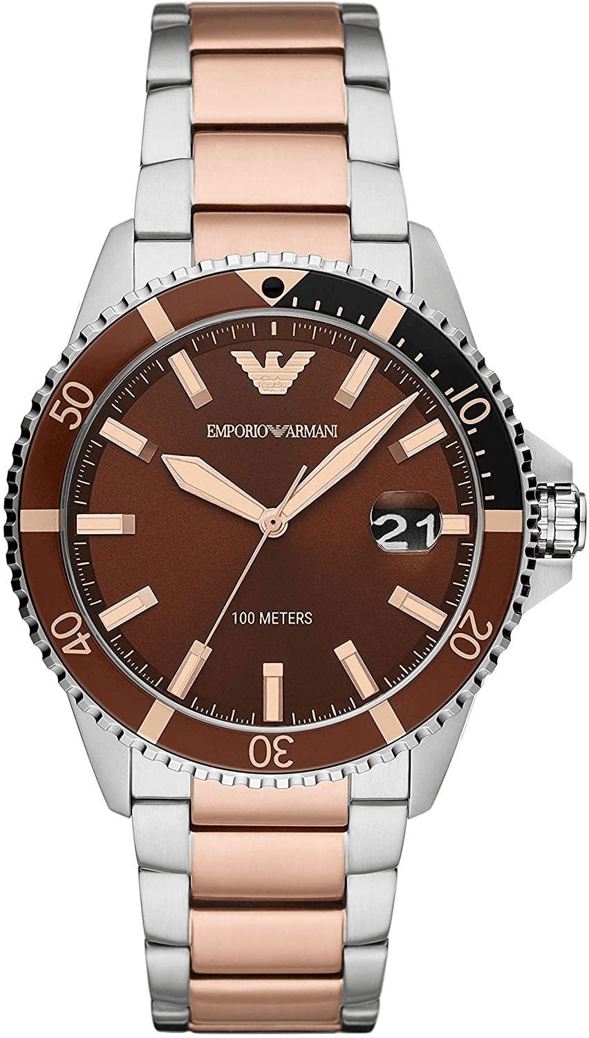 Emporio Armani Diver Quartz Brown Dial Two Tone Steel Strap Watch For Men - AR11340
