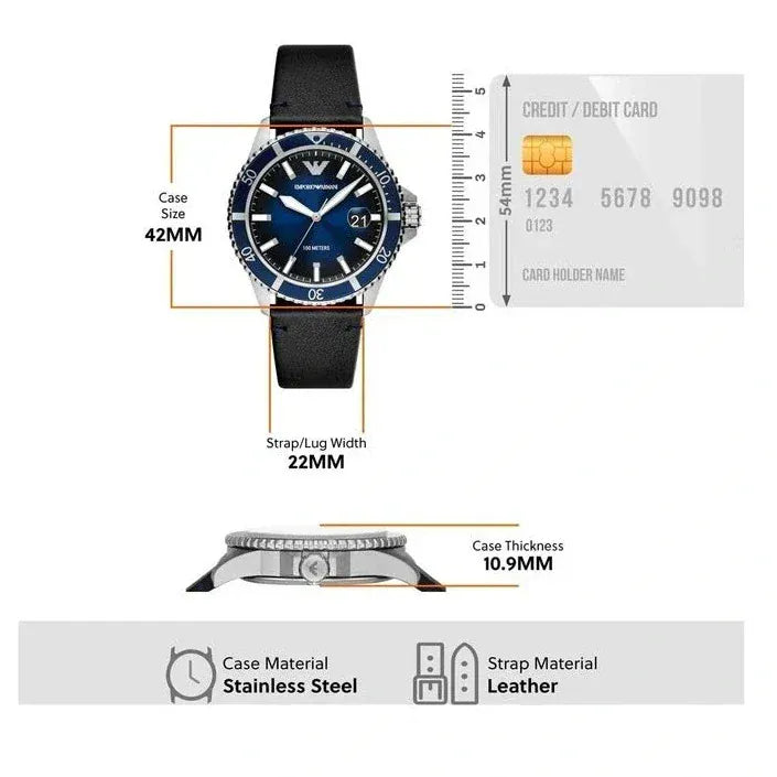 Emporio Armani Diver Three-Hand Quartz Blue Dial Blue Leather Strap Watch For Men - AR11516