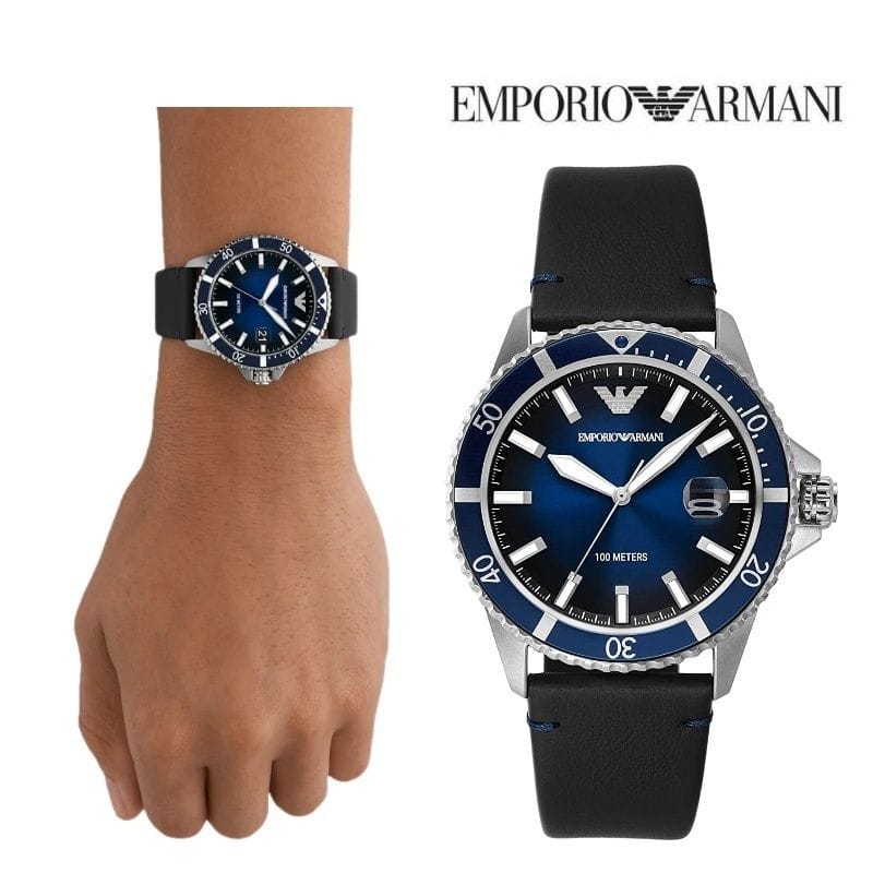 Emporio Armani Diver Three-Hand Quartz Blue Dial Blue Leather Strap Watch For Men - AR11516